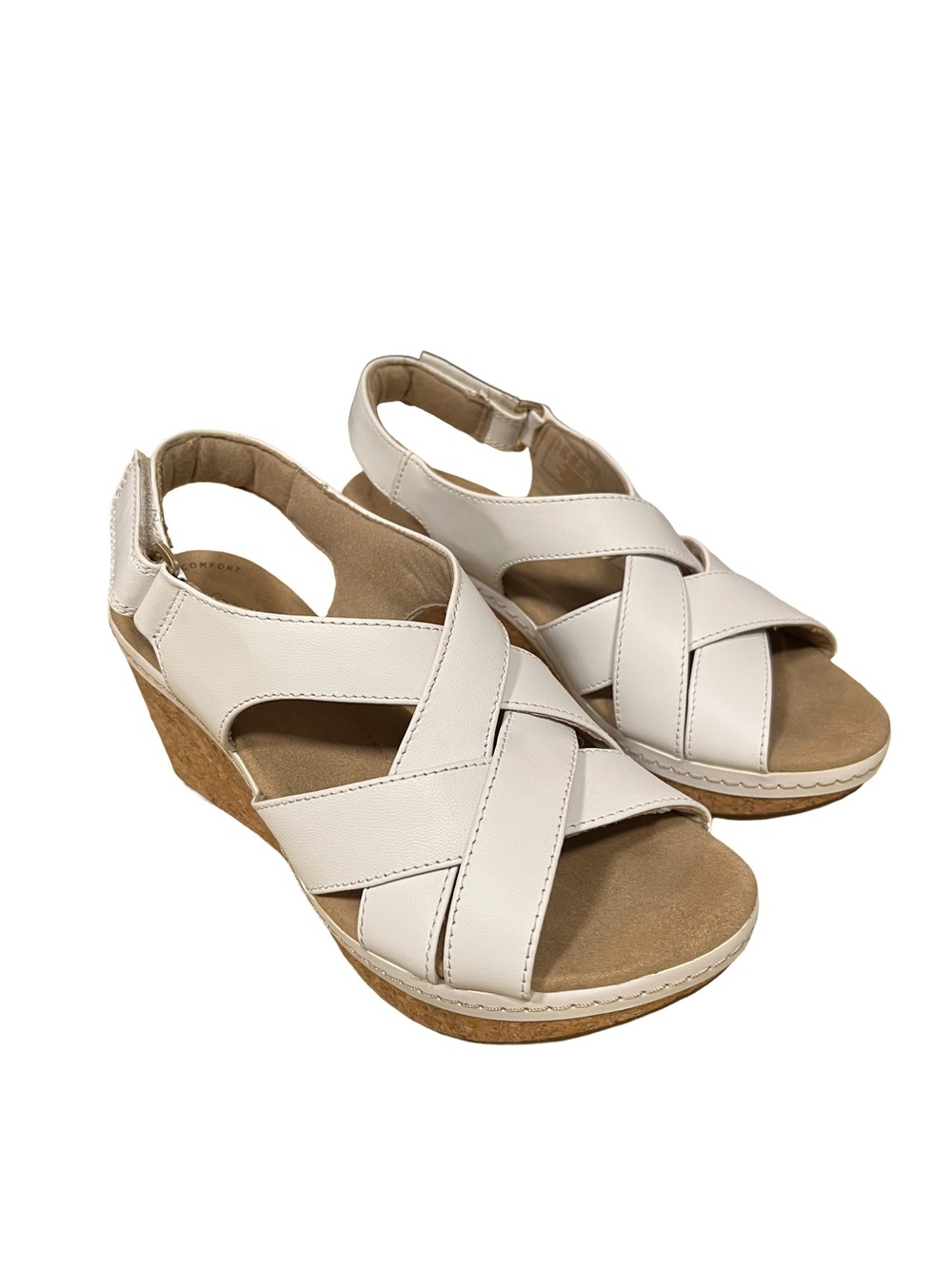Clarks Rose Erin White Leather Womens Sz 6.5 Cork Wedge Comfort Sandals EUC